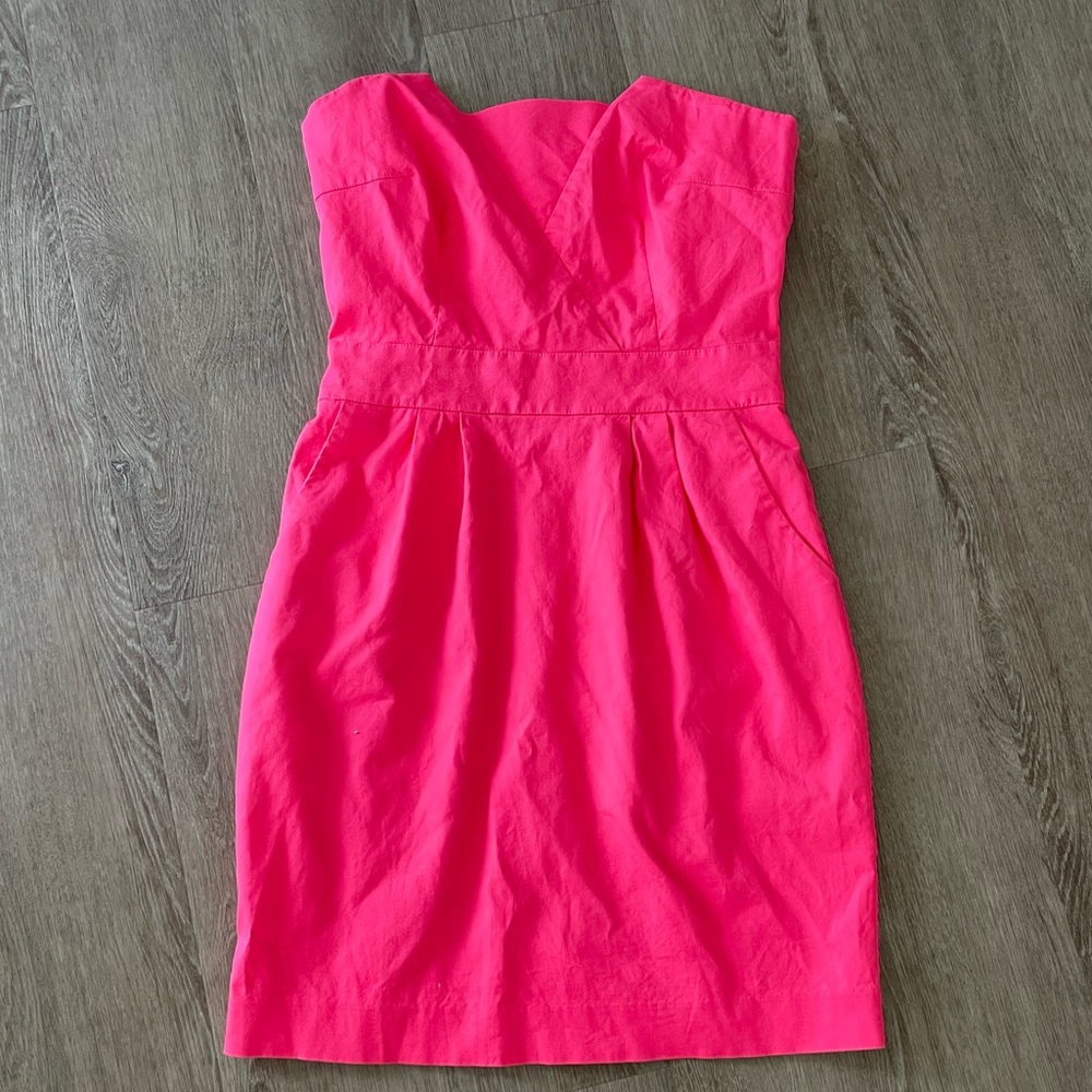 Neon strapless pleated mini dress